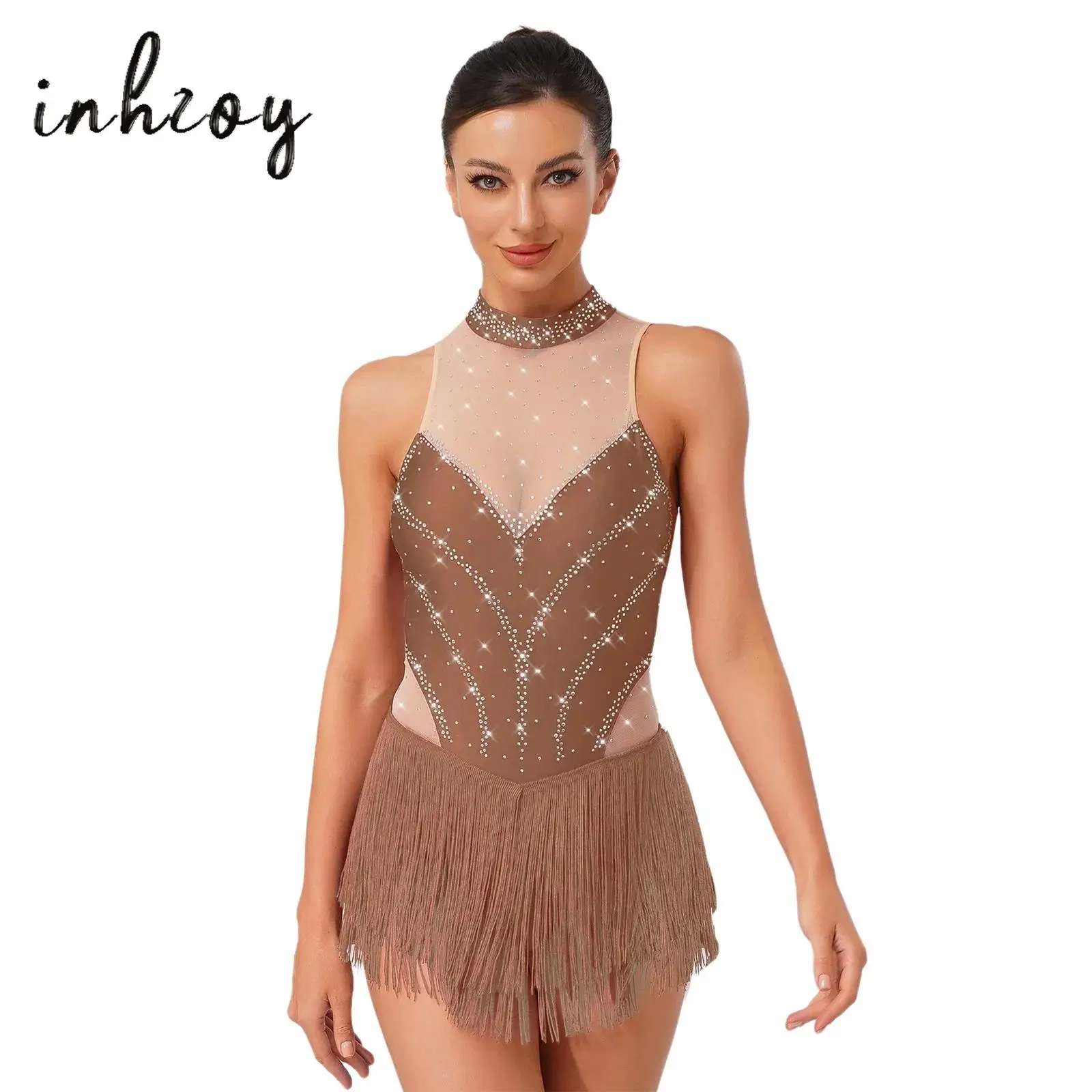 

Womens Figure Skating Leotard Dress Sleeveless Back Keyhole Tassel Skirted Bodysuit Latin Tango Chacha Dancewear Activewear