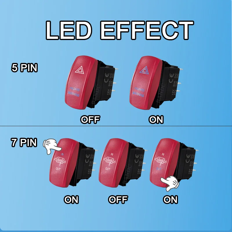 12V 20A 5Pin SPST & 7Pin DPDT Switch | Blue LED Waterproof Rocker Switch for Polaris RZR, Jeep, OFF Road, Marine Dashboard