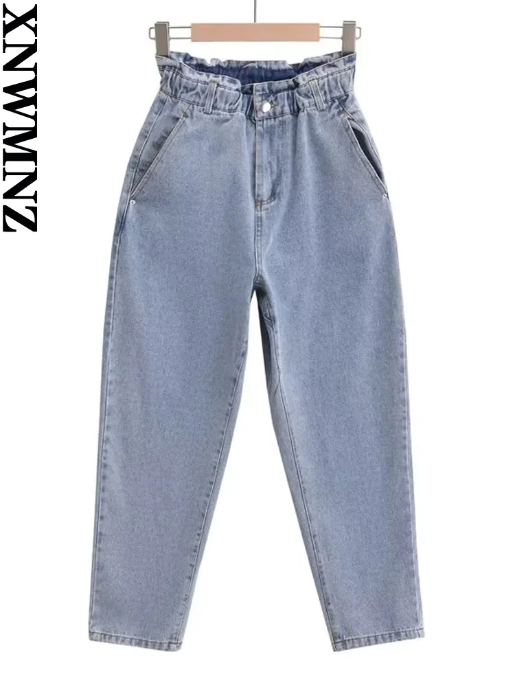 XNWMNZ Women baggy paperbag High-waist jeans elastic waist front pockets front zip metal top button Female pants High quality