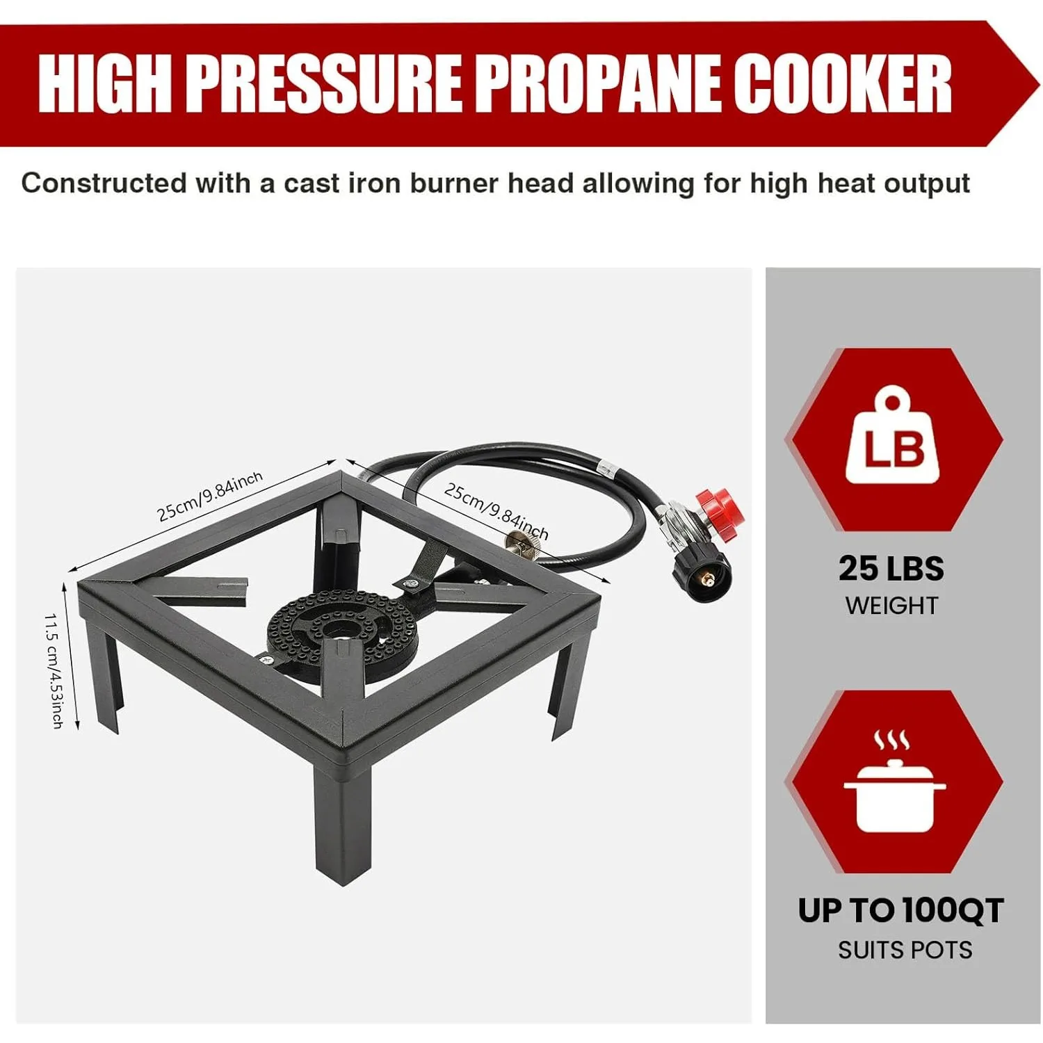 موقد غاز مربع محمول بشعلة واحدة طباخ البروبان مع خرطوم منظم قابل للتعديل 0-20 رطل لكل بوصة مربعة للتخييم والشواء وتخمير المنزل