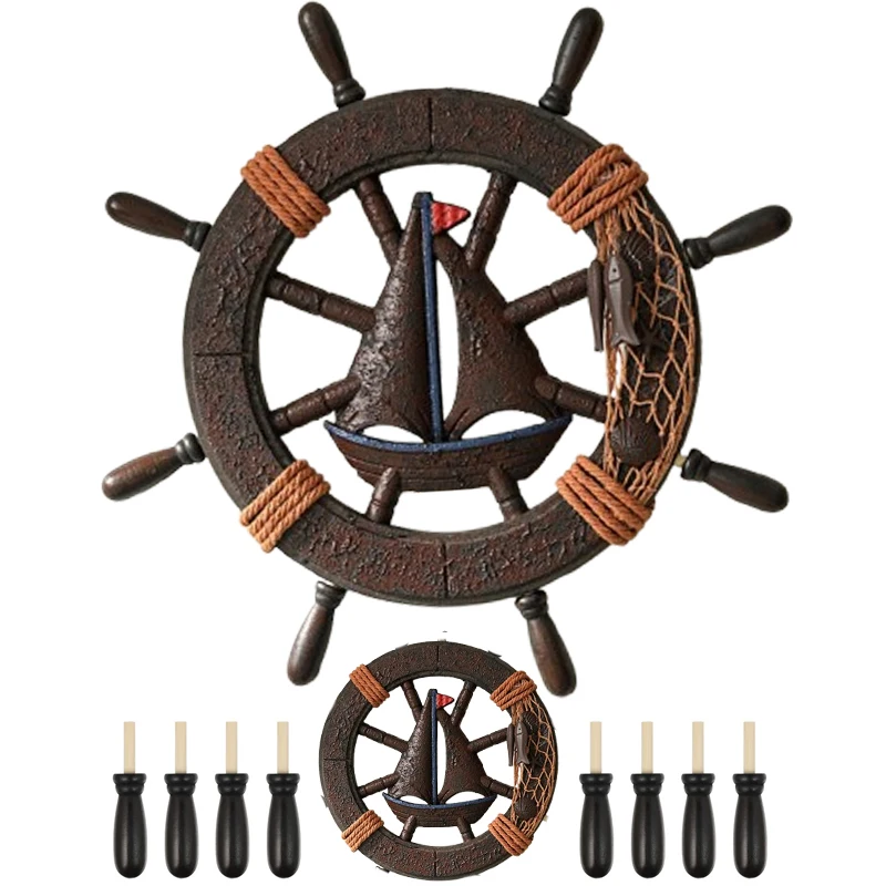 Wooden Home Decor Rudder Wheel Pirate Ornament Mediterranean Style Retro Handmade Bar Decoration Door Hanging Beach Wall Ship