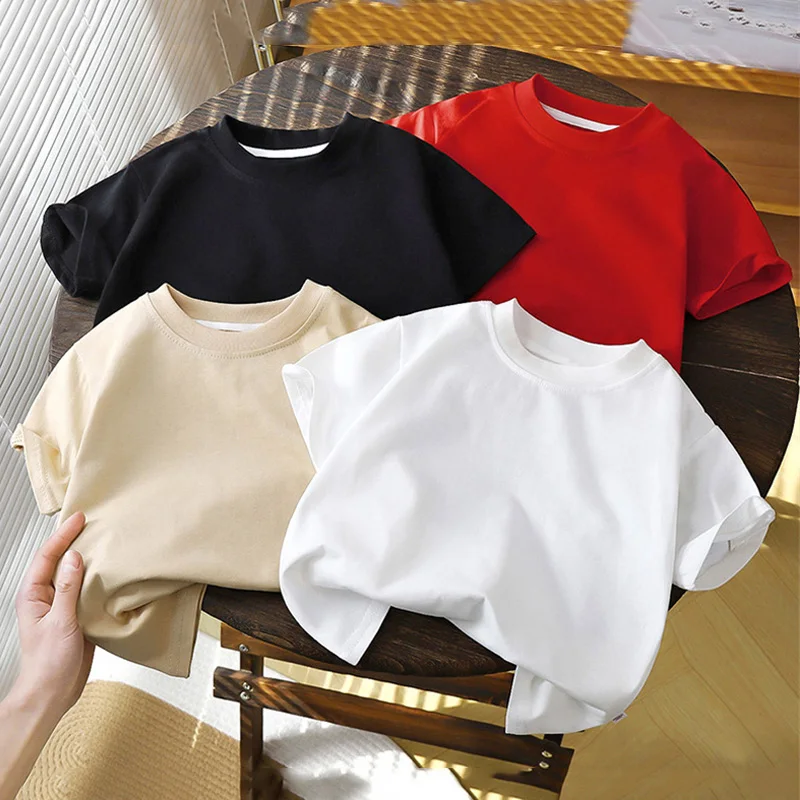 

Детская футболка с короткими рукавами, летняя повседневная хлопковая футболка для мальчиков и девочек, однотонная свободная одежда для детей, спортивная одежда с круглым вырезом для малышей