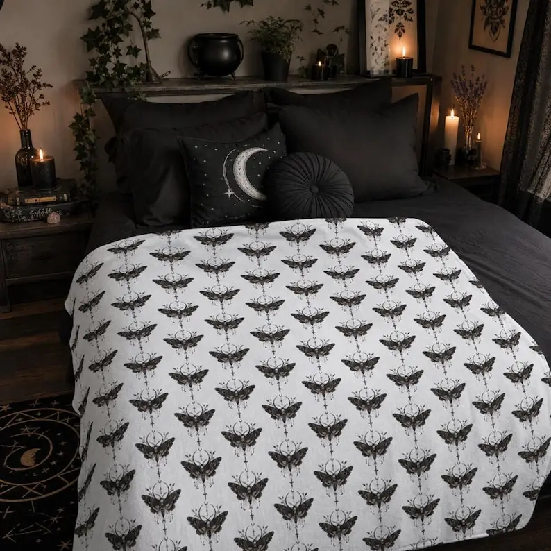 Vintage Moth Pattern Fleece Sherpa Blanket, Gothic Home Decor, Halloween Blanket, Super Soft Gothic Blanket, Throw With Death Moth Pattern