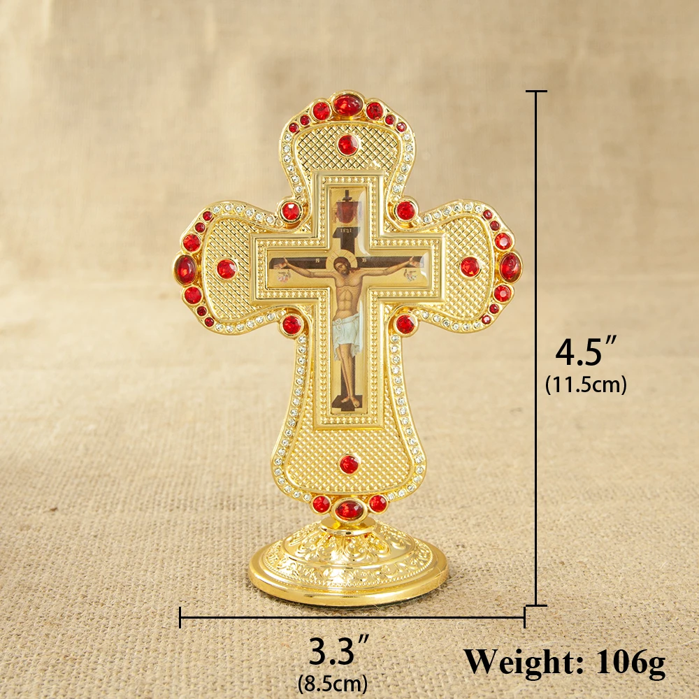 HTISOK Zinc Alloy Christian Cross Jesus Red Rhinestones 4.5 Inch Christian Home Church Altar Desktop Decor Religious Gift
