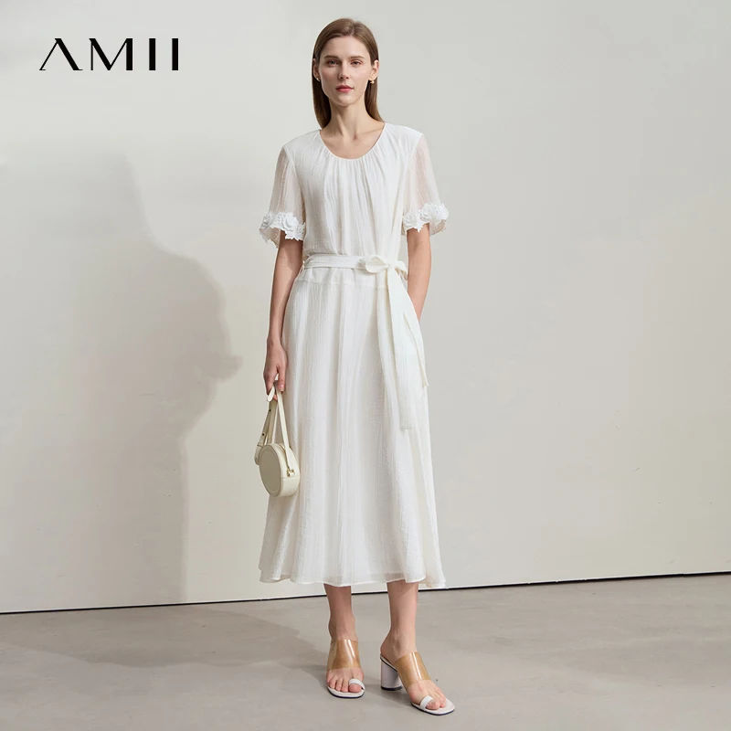 

Amii Minimalist Casual Light Luxury Dress Women 2025 Summer New Office Lady Lace Sleeve Loose Tie Wrinkle Long Dresses 12542160