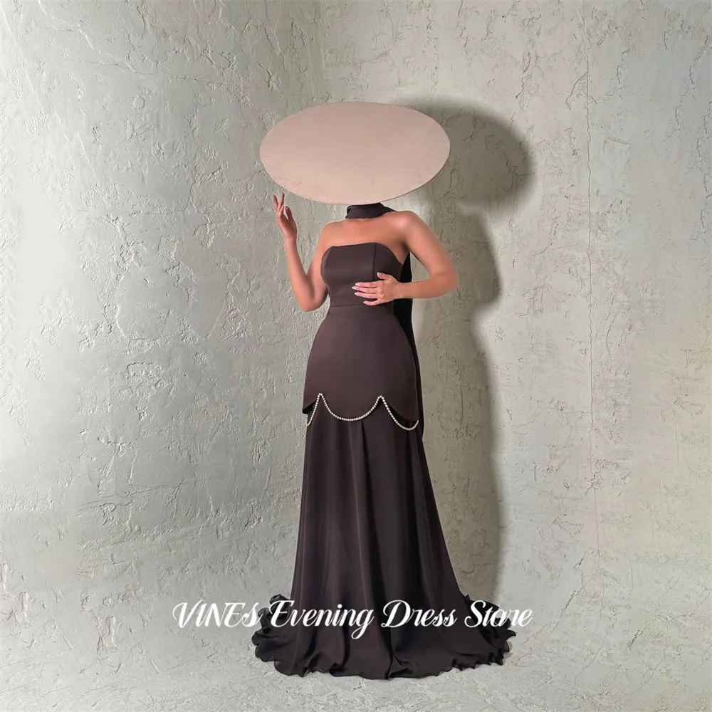 

VINES Brown Party Dress Strapless Evening Dress with Pearl Trim فستان سهرة Sleeveless Prom Gown for Women Customized