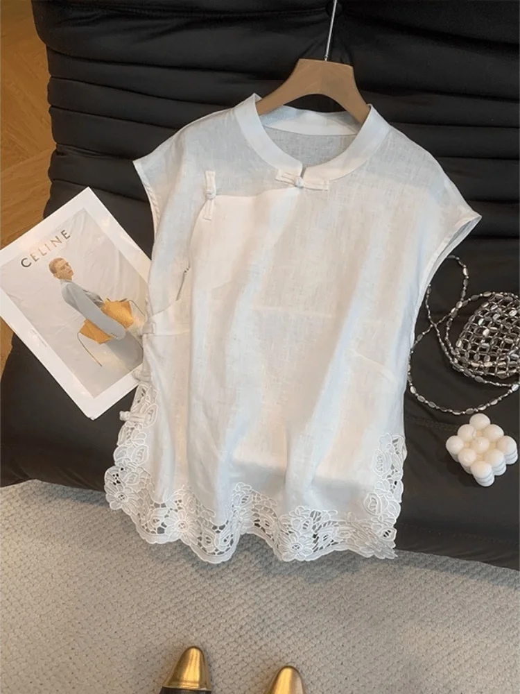 

New Chinese Style Women's Shirt Summer 2025 Fashion Item Loose Fit Button up Collar No Sleeve Casual Wear Comfortable Material