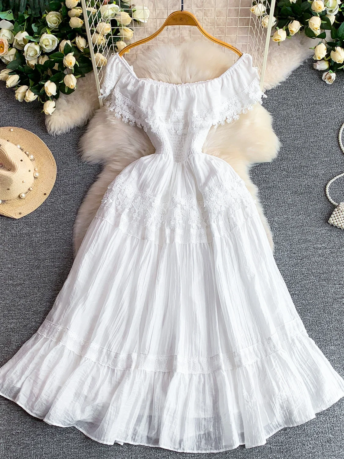 Elegant Lace Splice One Shoulder Long Dress Women's Summer Slimming Design Gathered Waist A-Line Skirt Maxi Dress