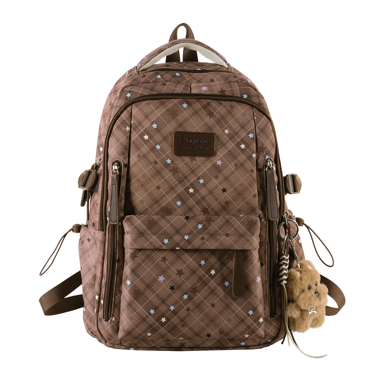 Sac à dos décontracté en nylon à imprimé étoiles et carreaux pour femme, avec breloque en peluche et sangle réglable, idéal pour l'école et le quotidien – Nouvelle tendance 2026