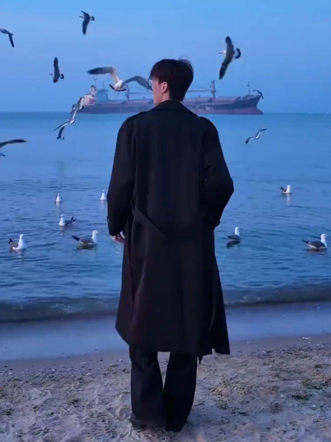 

Korean Sle Men's Double-Row Buttoned Windbreaker Waist-Cinched Long Coat Cleanfit High-End Feeling Outerwear for Autumn