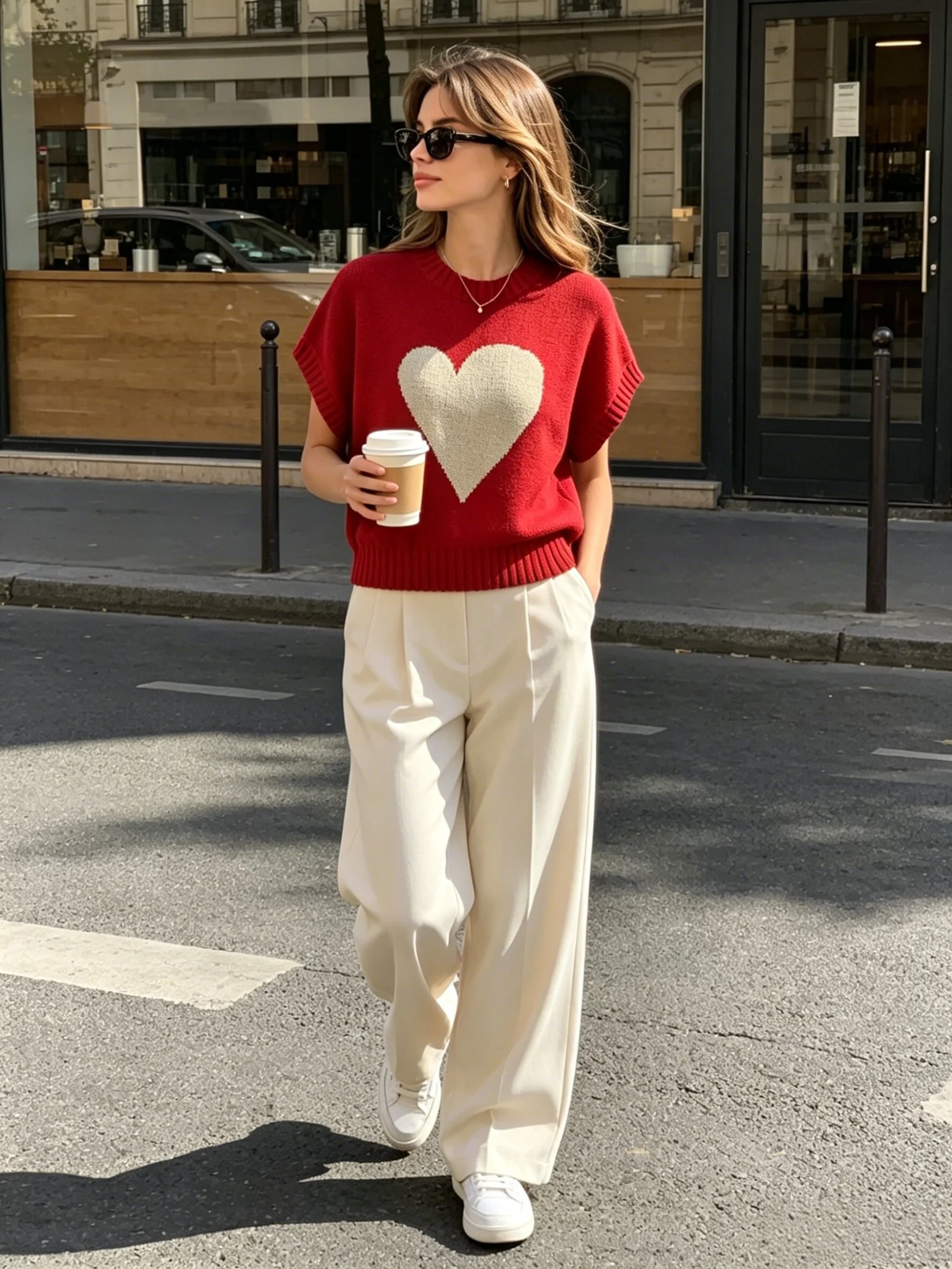 

French Style White Heart Jacquard Sleeveless Knit Top Women Black Crew Neck Loose Fit Sweater Vest Elegant Daily Outfit