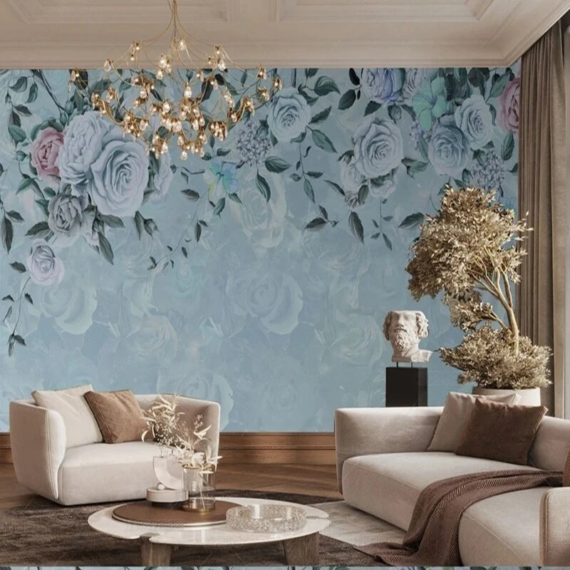 

Modern simple and high-end blue background floral decoration picture TV luxury home bedroom background wall