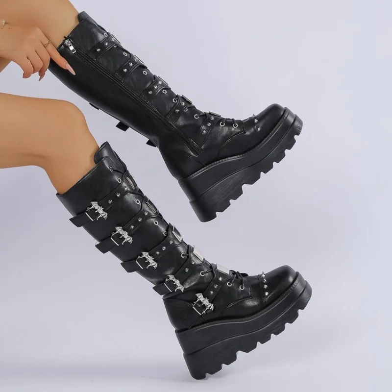 

Punk Women's Boots 2025 New Platform Boots High Quality Casual Leather Boot Lace Up Wedges Mid-Calf Boots for Women Knight Botas