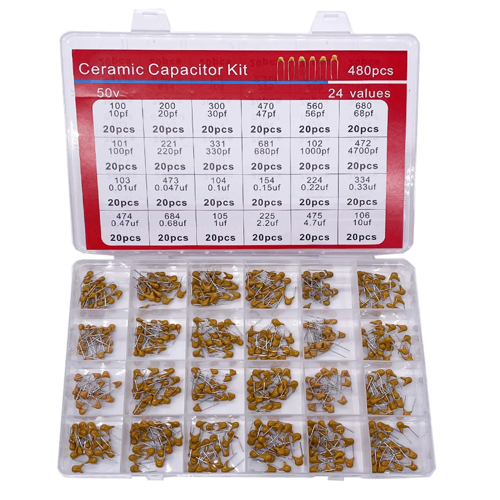 480pcs Ceramic Capacitor Assortment Kit For Guitar Capacitor 24Values 0.1uf-10uf