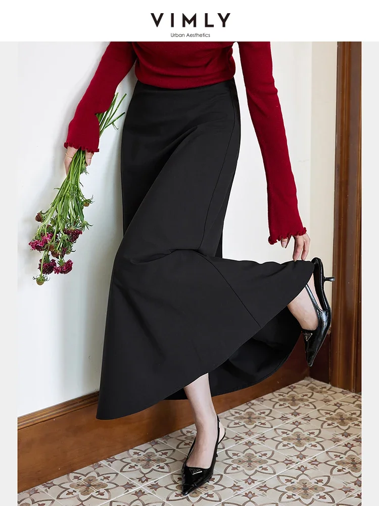 VIMLY Women Simple Urban Black Elegant Straight Skirts 2025 Spring Office Lady High Waist Draped Long Skirts  Casual Clothes