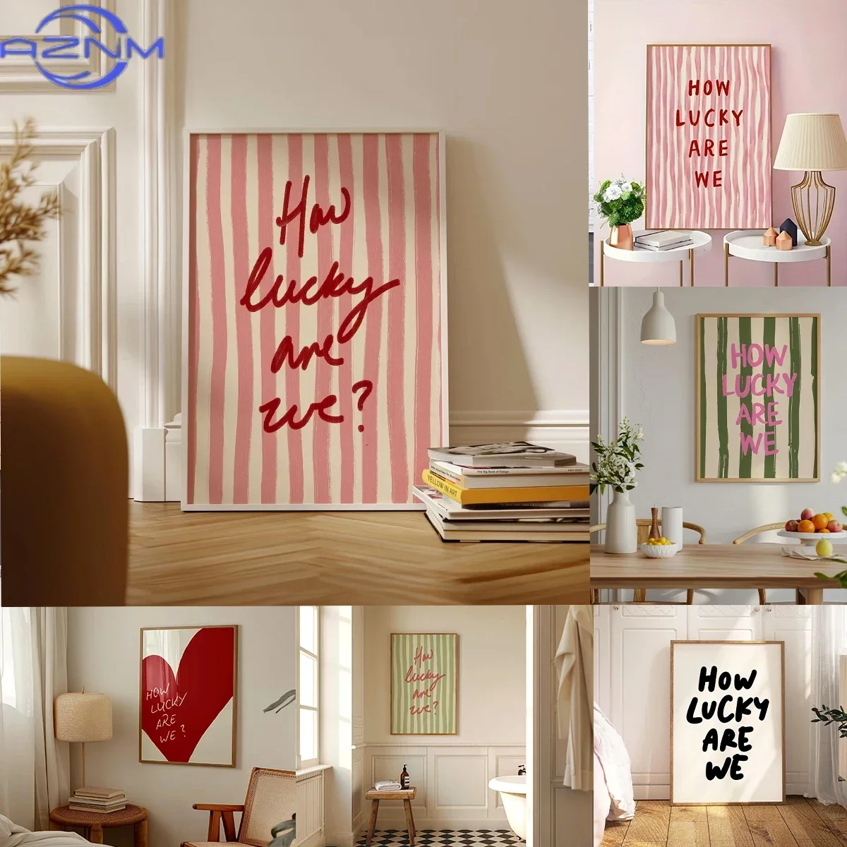 AZNM How Lucky Are We Pink Red Striped Wall Art Positive Inspirational Quote Poster Canvas Prints for Modern Living Room Home De