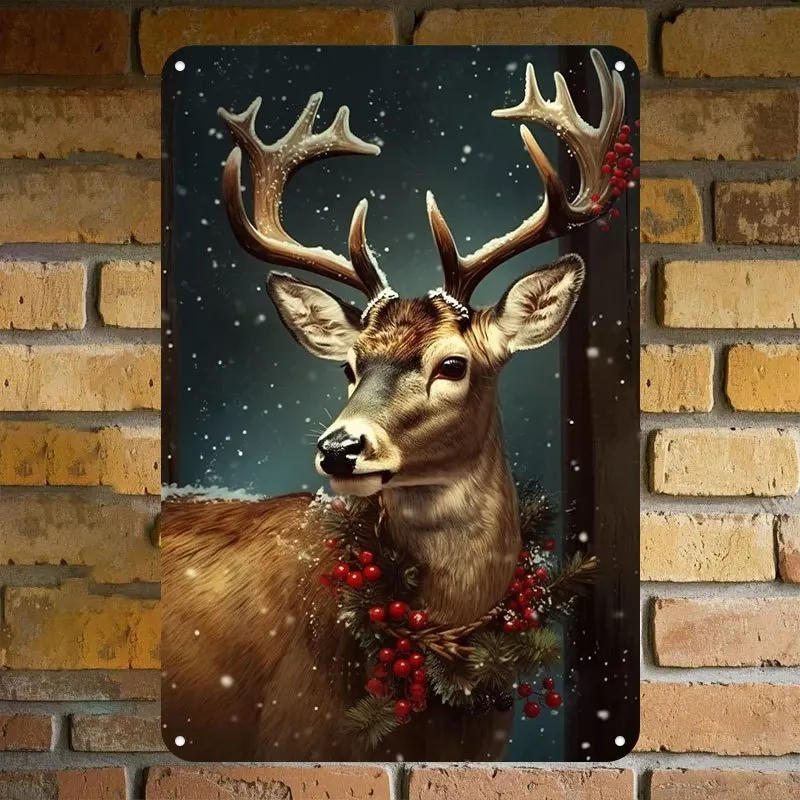  Vintage Winter Stag Metal Tin Sign Wall Art- Rustic Snowy Deer Scene with Holly Berries& Snowflakes, Durable Holiday Decor for 