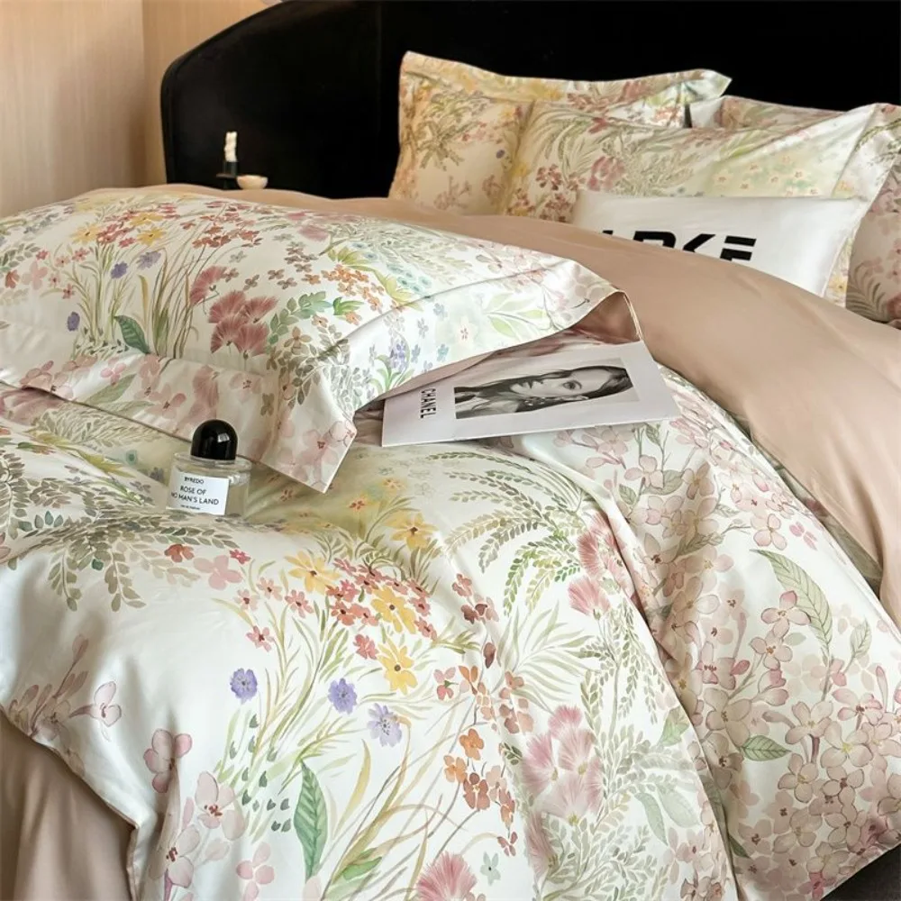 Long-staple Cotton Four-piece Set All-season Printing Quilt Cover Flat/Fitted Bed Sheet Pillowcase Bedding Set Queen King Size