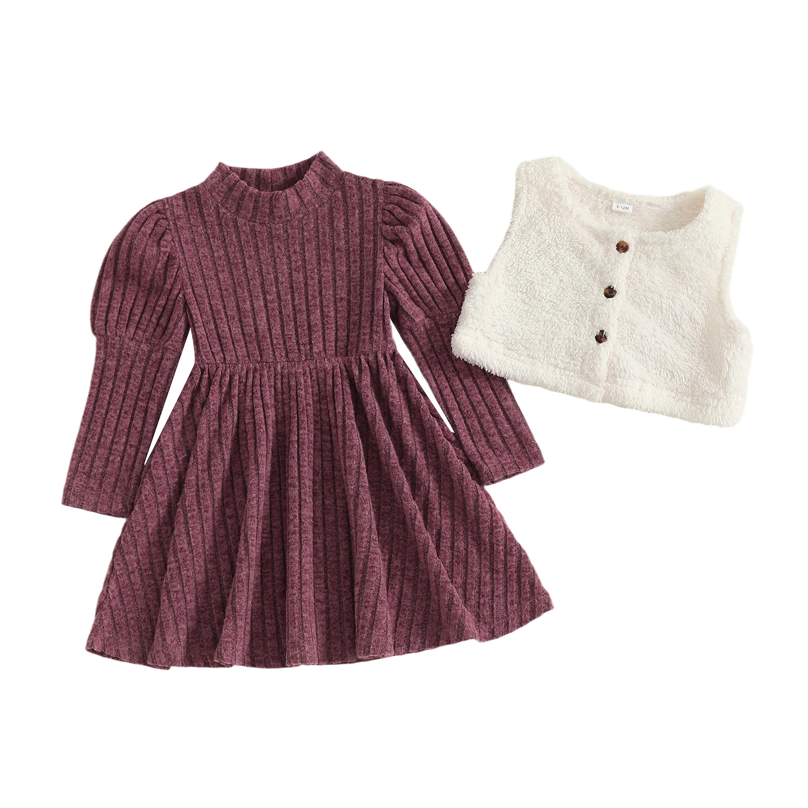 

Toddler Baby Girl Fall Outfits Solid Ribbed Long Sleeve A Line Knitted Dress and Vest 2 Pcs Set