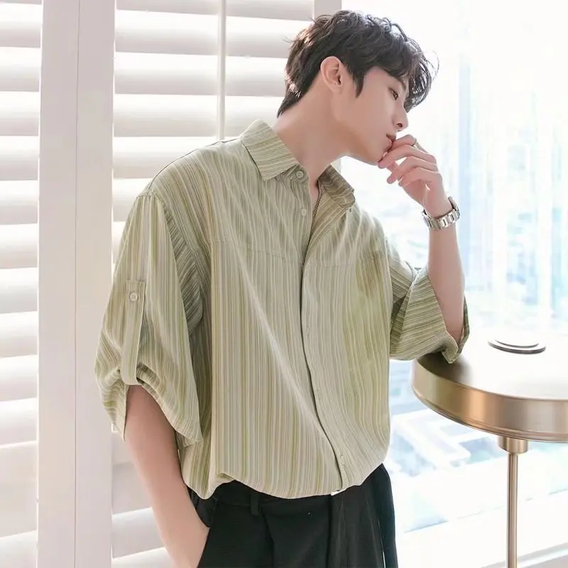 Shirts Men Ins Summer Striped All-match Handsome Advanced Half Sleeve Casual Loose Korean Style Charming Holiday Fresh Daily New