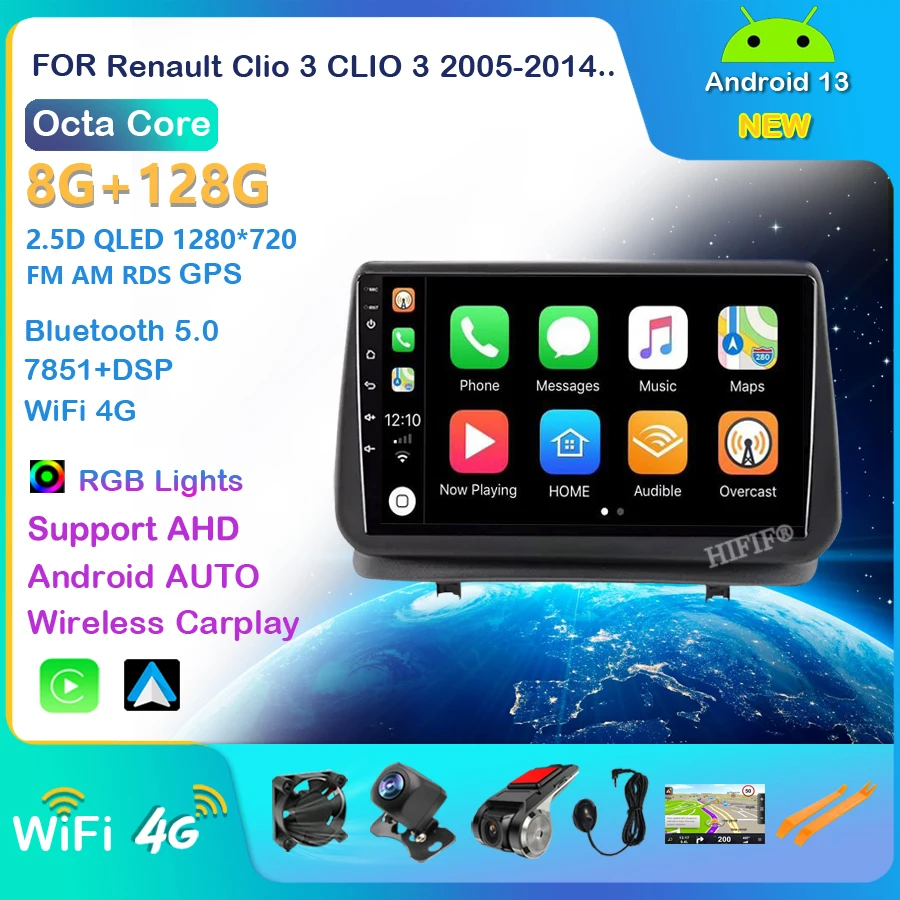 For Renault Clio 3 CLIO 3 2005-2014 4G WIFI Car Radio Navigation GPS Android Auto Carplay Stereo Android 13 Player