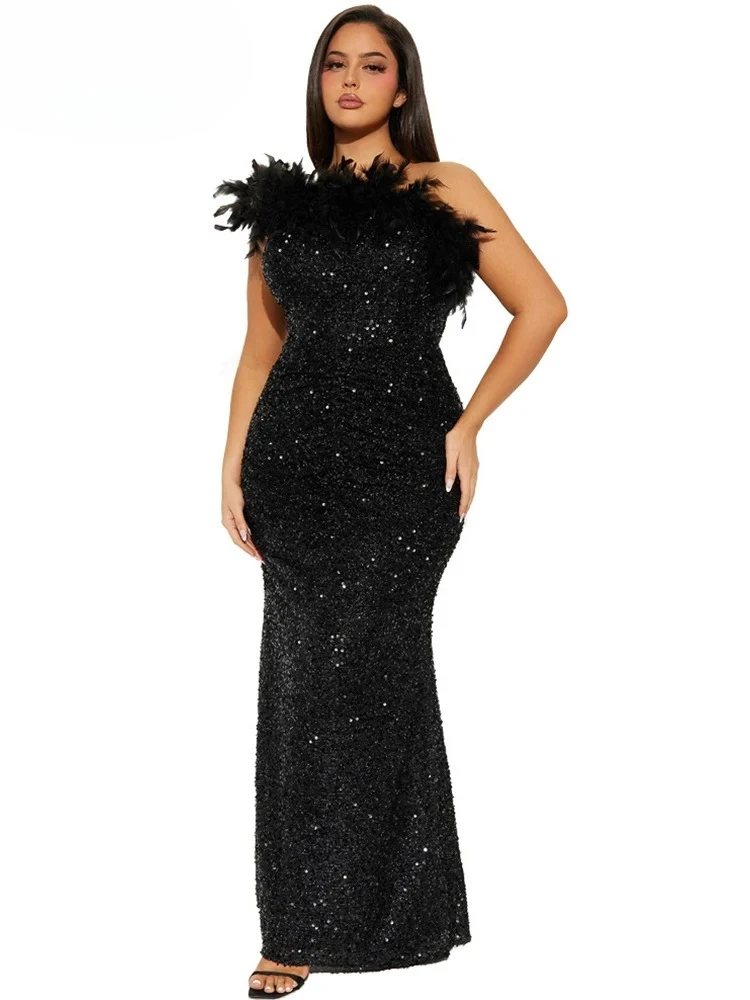 New Luxury Sequined Feather One Shoulder Sleeveless Slanted Collar Backless Purple Long Dress  Women Birthday Party Event Gowns