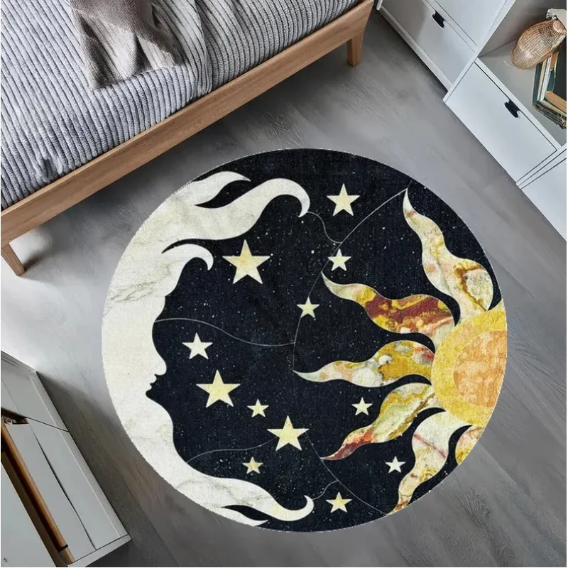 VIKAMA Sun Moon Star Yin Yang Round Area Rug, Soft Non-slip Floor Mat, Washable Carpet for Bedroom Living Room Decor