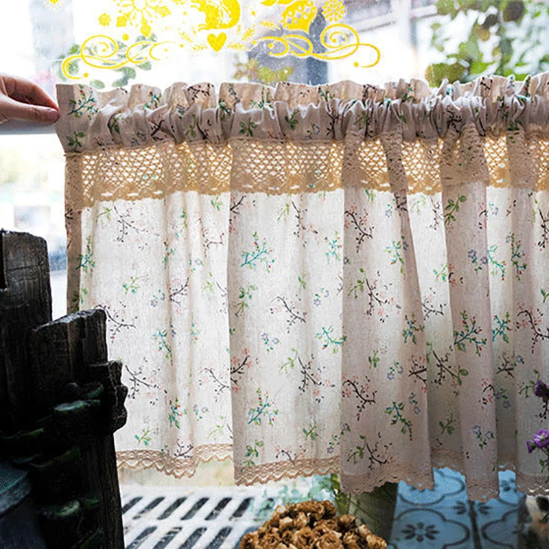 Korean Pastoral Style Linen Floral Short Curtains for Kitchen Linen Lace Half Curtain for Roman Window Door #A031