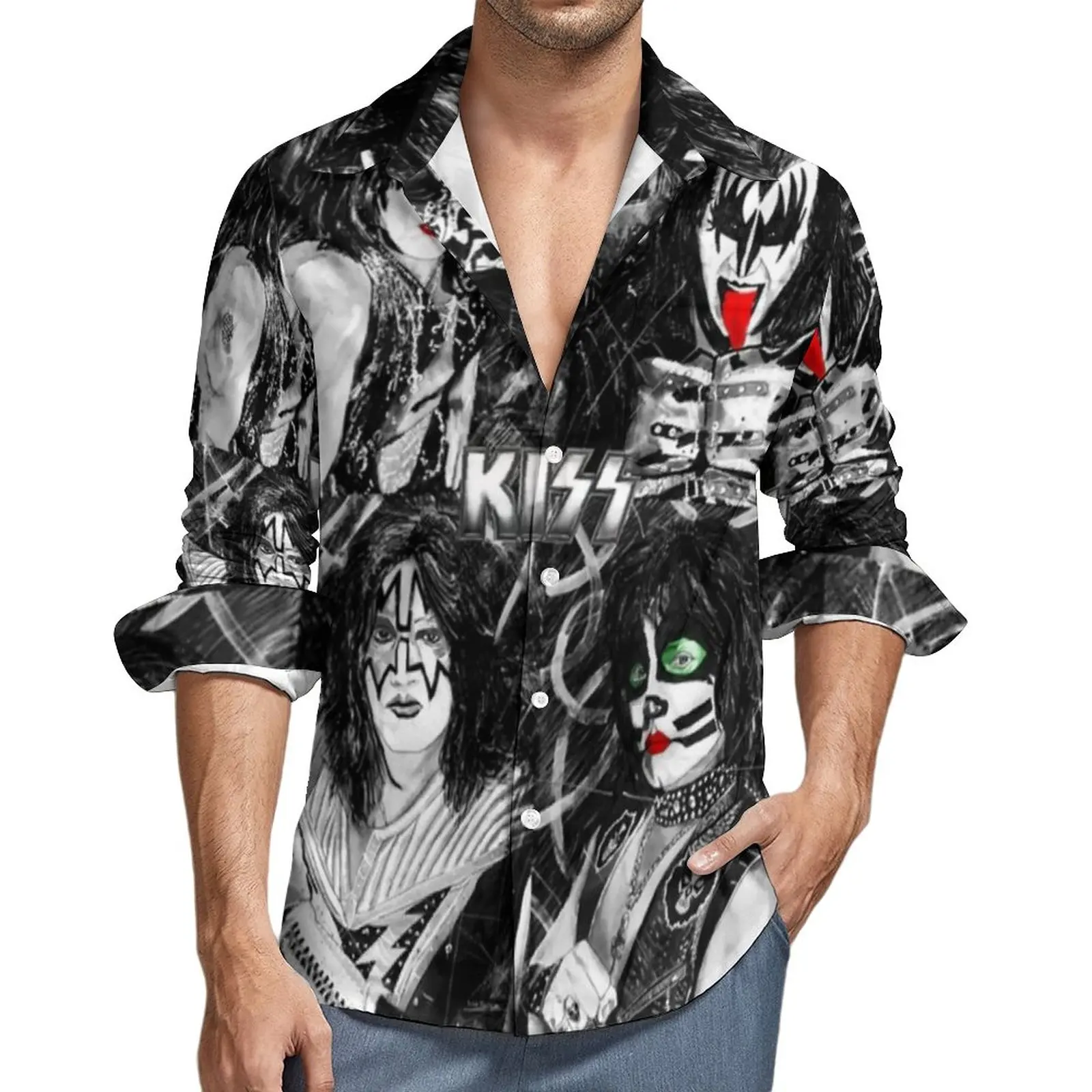 Kiss Band Print Shirt Autumn Colour Splash with Logo Casual Shirts Men Fashion Blouses Long Sleeve Pattern Street Tops Plus Size