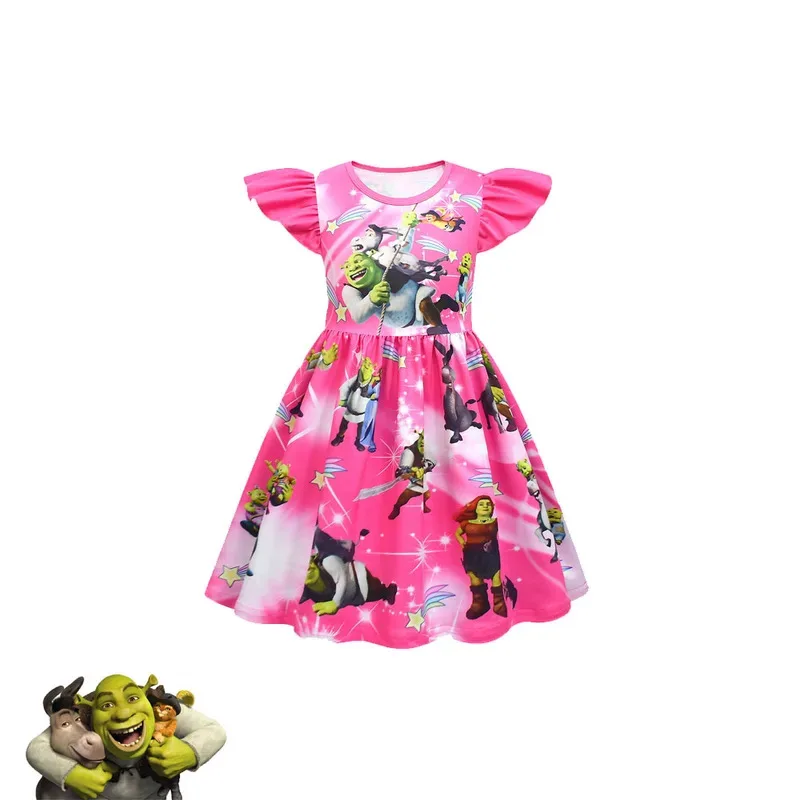 فساتين zz04zz12Shreks Fiona بأكمام طائرة على شكل حرف a Shreks وحمار مطبوع عليها رسوم كرتونية فستان باليه بحزام للفتيات فستان حفلات للأطفال Clo