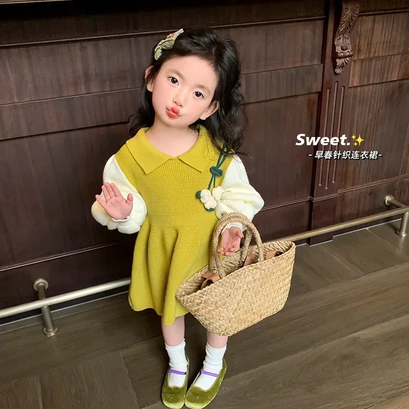 Girls Dresses 2024 Autumn New Collection Fashionable Knitted Skirt with Western Style Baby Girl Autumn Long Sleeved Skirt