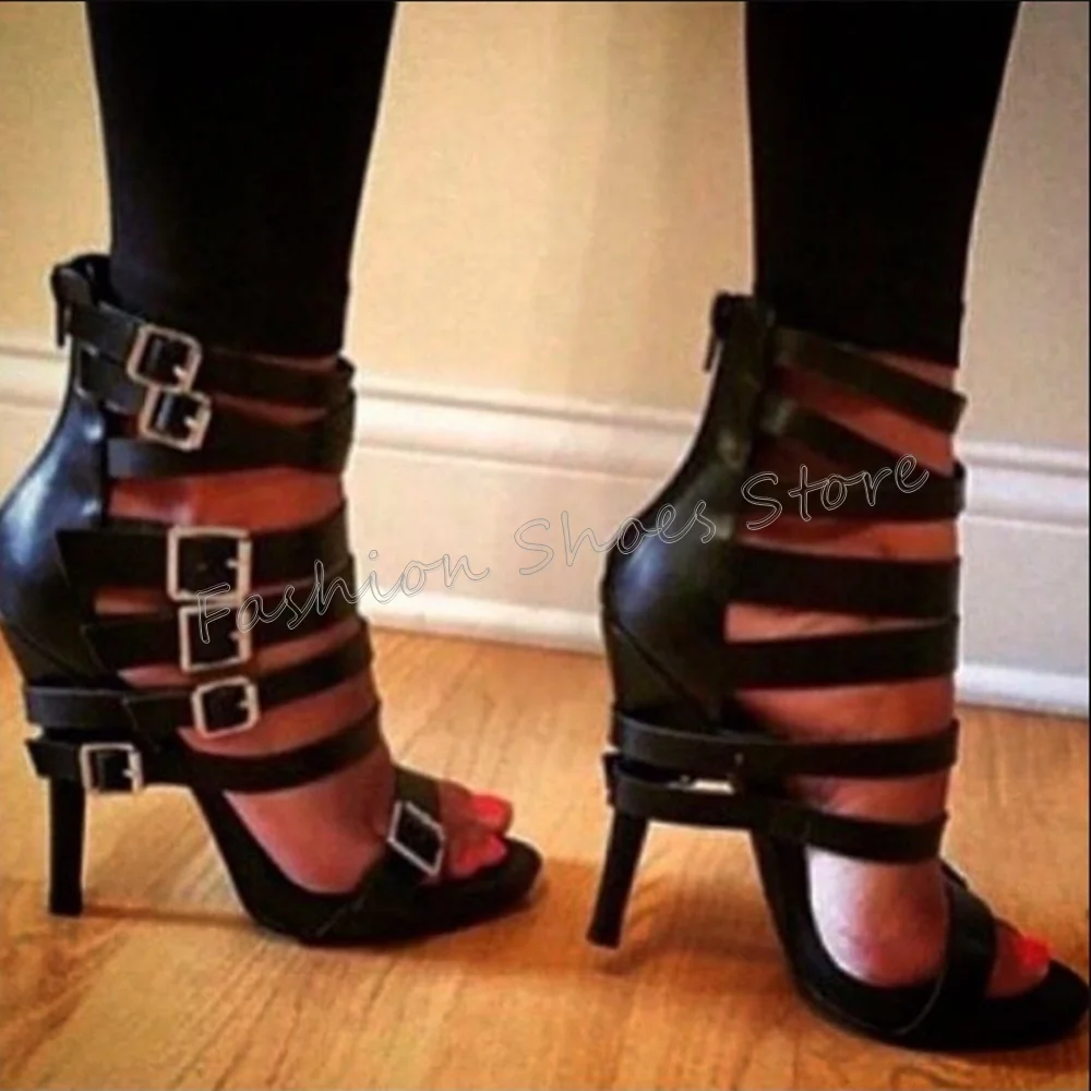 

Black Buckle Decor Back Zipper Sandals Matte Leather Thin High Heels High Heel Shoes for Women Heels 2025 New Zapatos Para Mujer