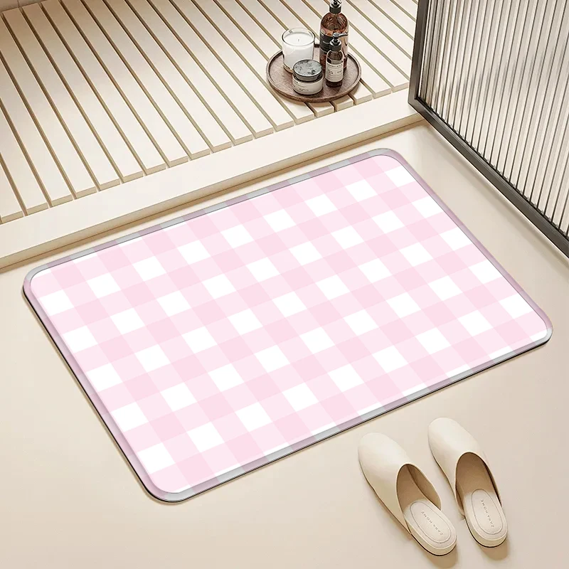 

Pink White Checkerboard Door Mat Non-Slip Washable Floor Rug for Home Entrance Bathroom Decor