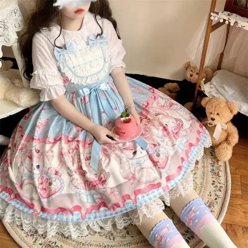 Cosxie japonés dulce Lolita OP vestido de verano para niñas lindo lazo de encaje fresa conejito vestidos de fiesta de té mujeres Harajuku Kawaii Chic V