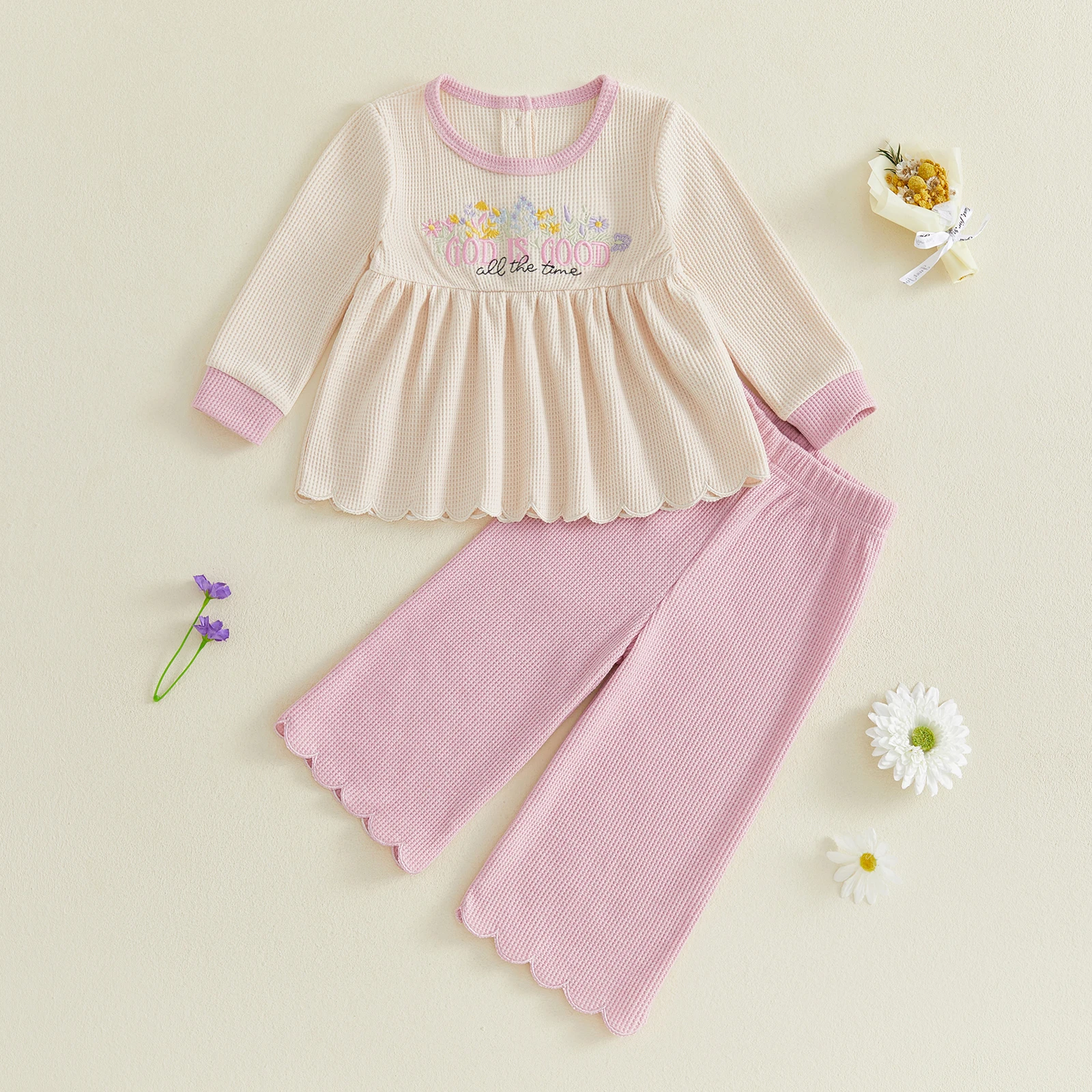 1-5Y Toddler Girls Fall Waffle Outfits Flower Embroidery Long Sleeve T shirt Tops Pants Set Kids Autumn Clothes Set