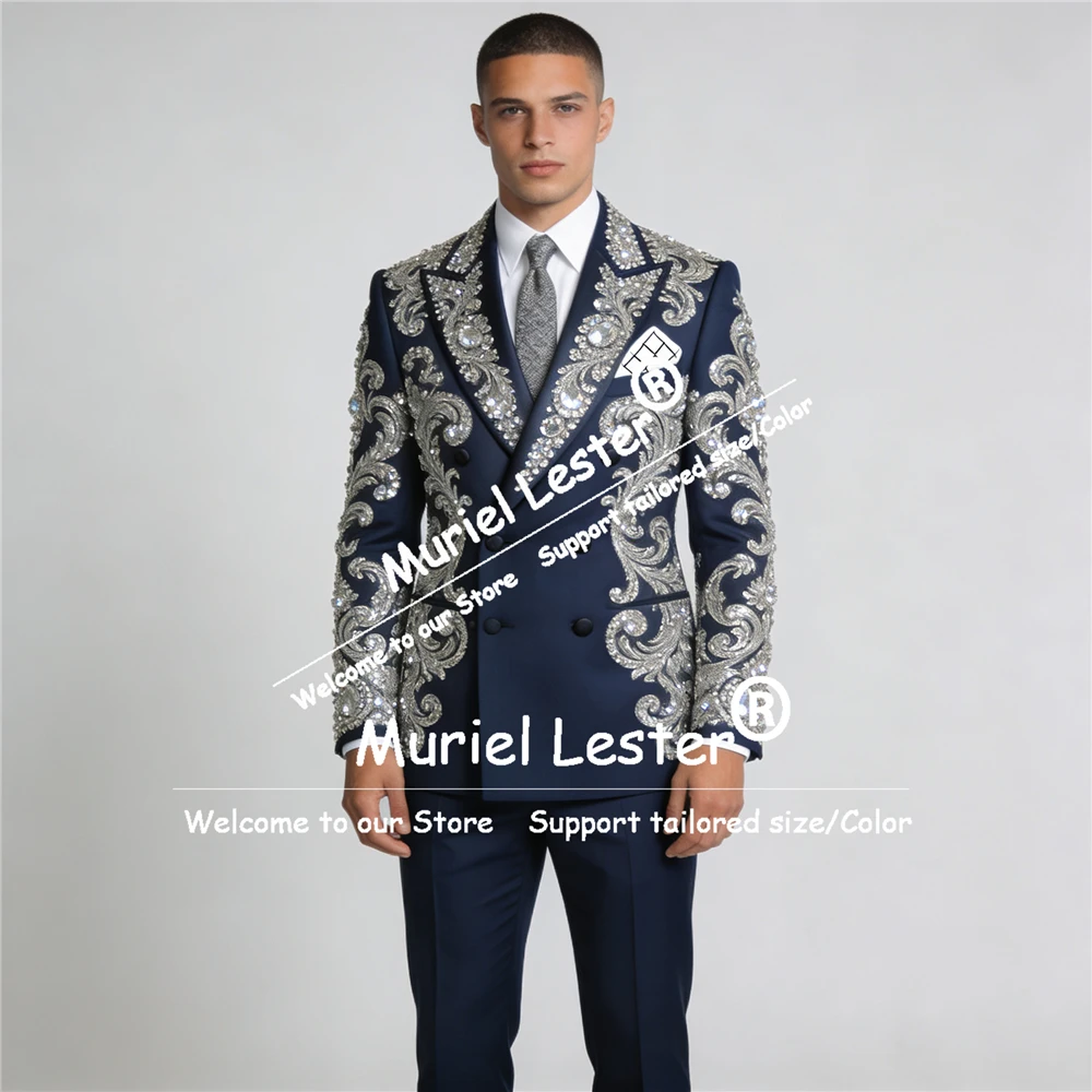 

Metallic Jewelry Stones Beaded Wedding Groom Tuxedos 2 Piece Set Double Breasted Jacket Pants Suit Men Slim Fit Ropa Hombre