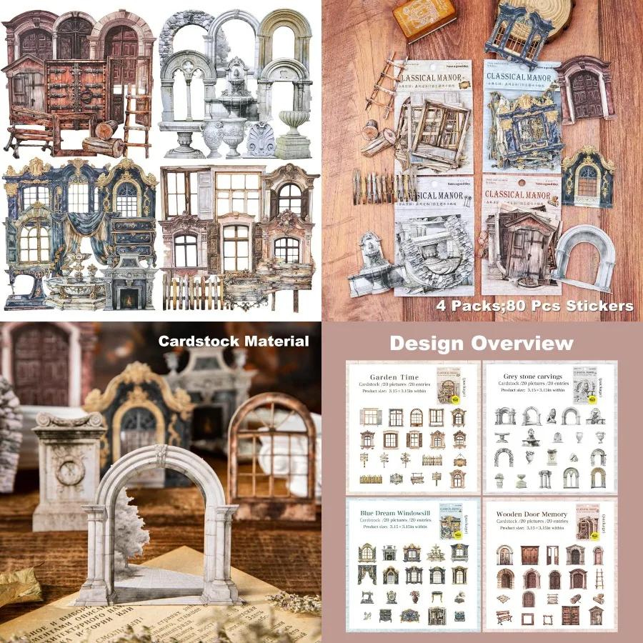 

Retro Door and Window Cardstock Stickers 80PCS Vintage Manor Ephemera for Scrapbooking Journaling DIY Crafts and Planner Suppli