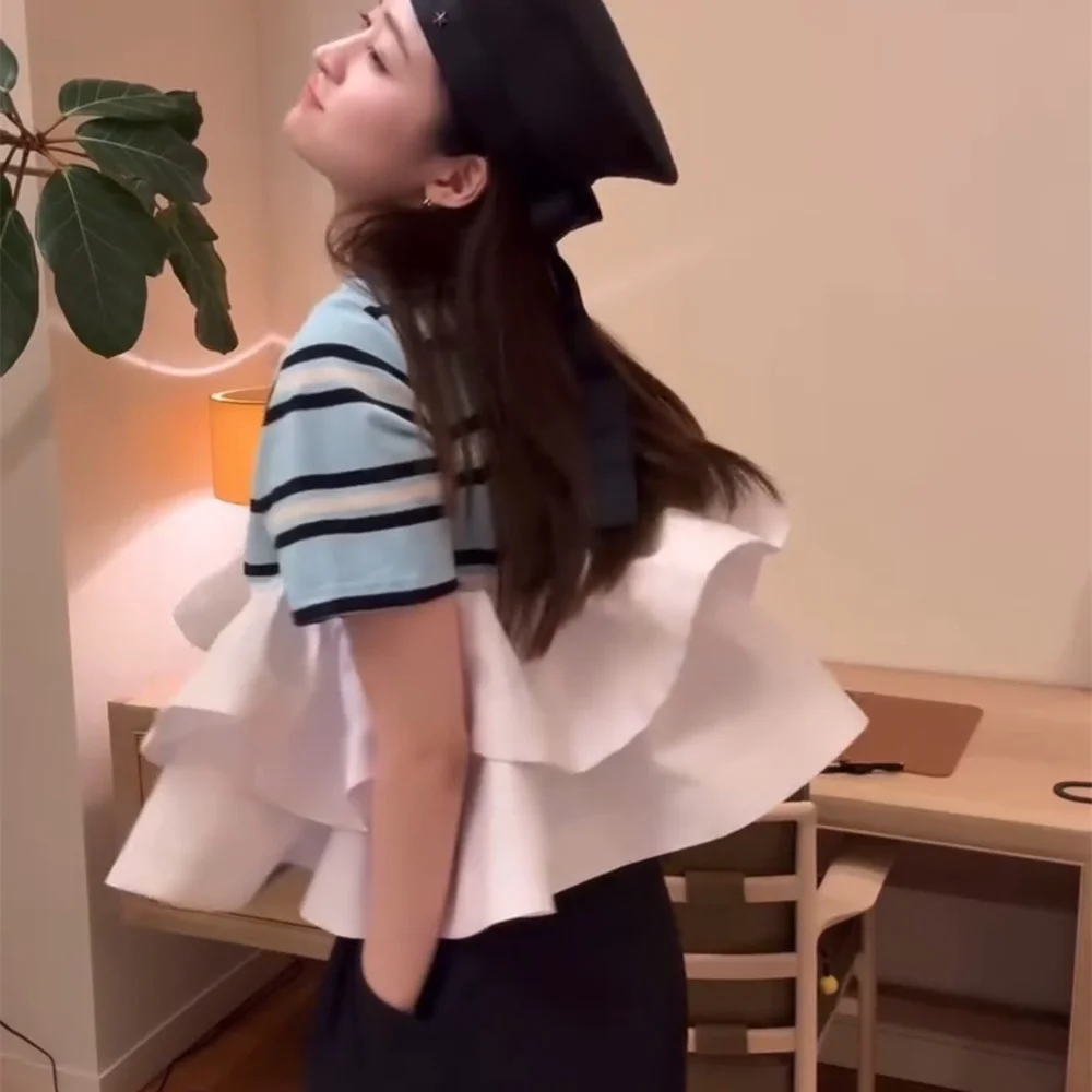 

Женская футболка в полоску с пышными рукавами в стиле принцессы, дышащая, влагоотводящая, летняя, с коротким рукавом, круглым вырезом, повседневная, модная