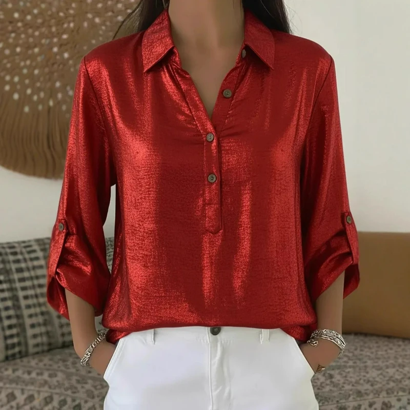 

New Style Lapel Solid Color Long-sleeved Single-breasted Shirt Top Spring 2026 Fashion Cross-border Europe America Women's Wear