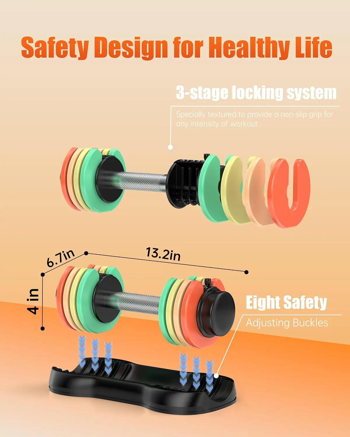 5-IN-1 Adjustable Dumbbell Set, Pair 12.5LB/22.5LB Weight Set for Home Gym | rainbow-colored weight plates, anti-slip handle
