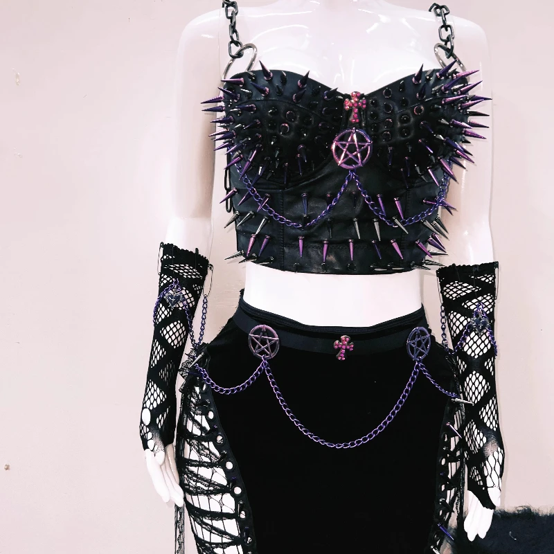 Original Design Neue Heavy Metal Niet Punk Rock frauen Top Gothic Dark Subkultur Süße Kühle Sexy Mesh Langen Rock set Damen