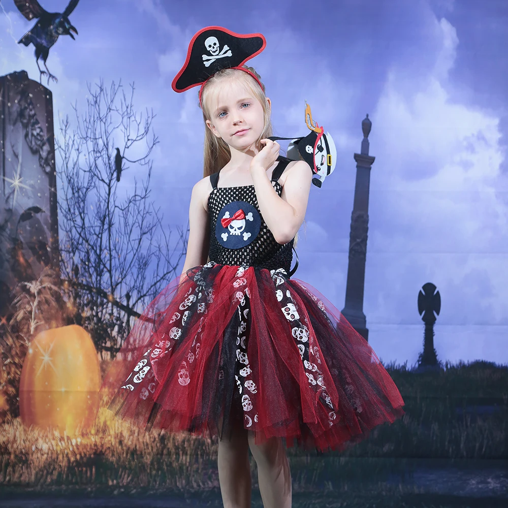 Piracka sukienka Tutu dla kostium halloweenowy dla dziewczynki dzieci sukienka imprezowa dziewczynka przebranie dzieci Cosplay sukienka wzór czaszki