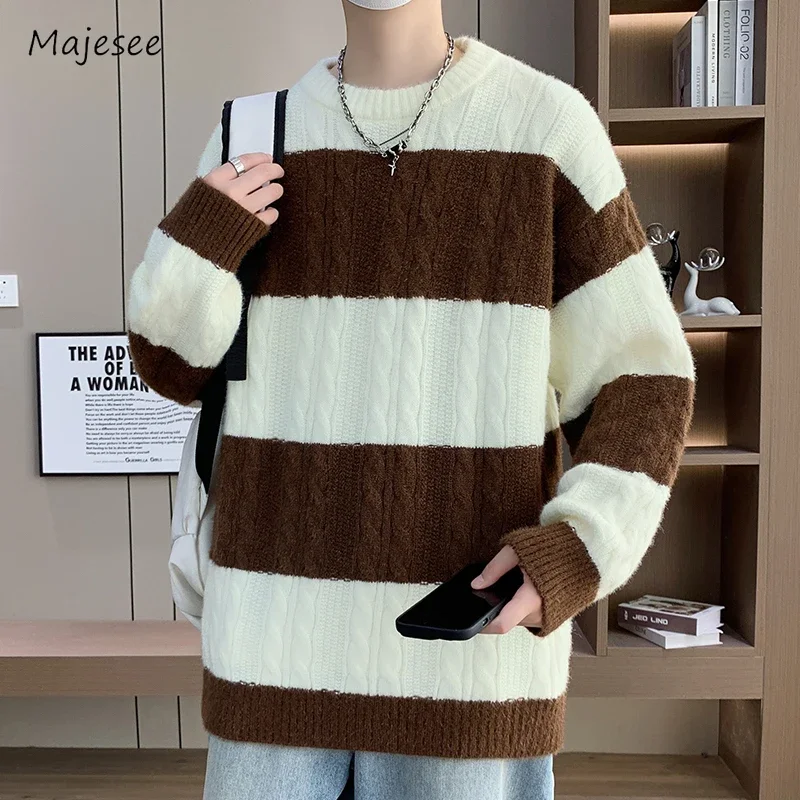 Winter Thick Striped Pullovers Men Soft Warm Casual Knitted Sweaters Panelled All-match Japanese Style Comfortable Handsome Chic