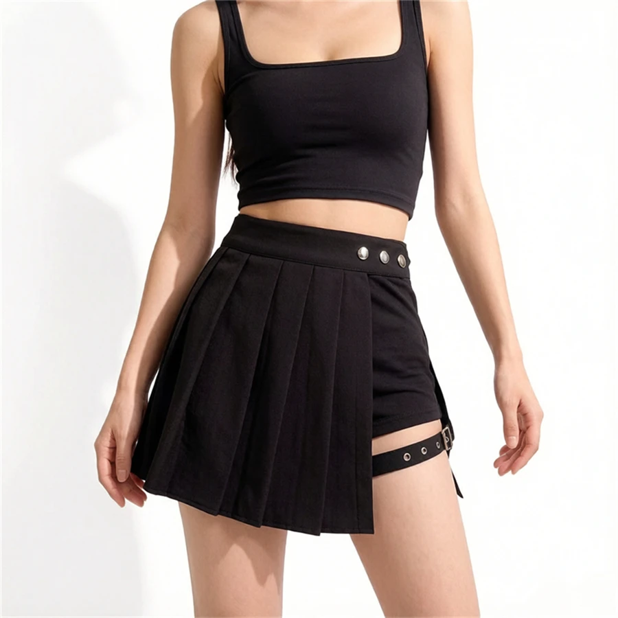Y2k Punk High Waist Pleated Skirt Summer Side Split Belted A-Line Mini Skirt With Inner Shorts Gothic Women Skirt