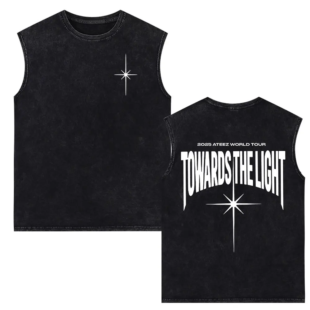 Korean Kpop 2025 Ateez World Tour Towards The Light Vintage Washed Tank Tops T Shirts Men Women Clothing Sleeveless Vest T-shirt