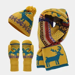 3Pcs Christmas Reindeer Jacquard Hat Gloves Scarf Set Autumn Winter Stylish Warm Knit Cap Gloves Neck Scarf Three-piece Set