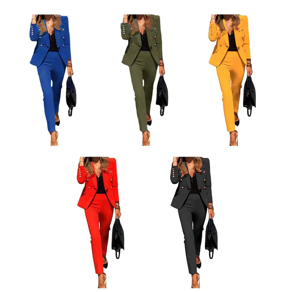

Модный офисный женский брючный костюм, комплект из 2 предметов, женский однотонный двубортный деловой рабочий костюм, пиджак и женские брюки