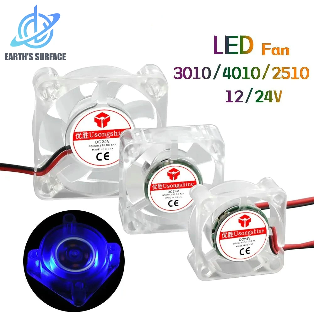 DB-3D Printer Parts 2510 3010 4010 LED Luminous Quiet Cooling Fan L: 30cm 12V/24v Silent Hydraulic Bearing Fan Cooler Heatsink