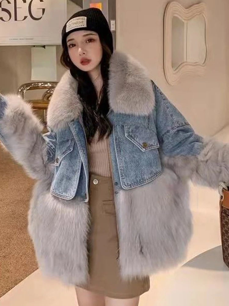 LANMREM Korean Style Faux Fur Spliced Coat Women Contrast Color Denim Patchwork Loose Warm Jackets Fashion Winter New 2VV251