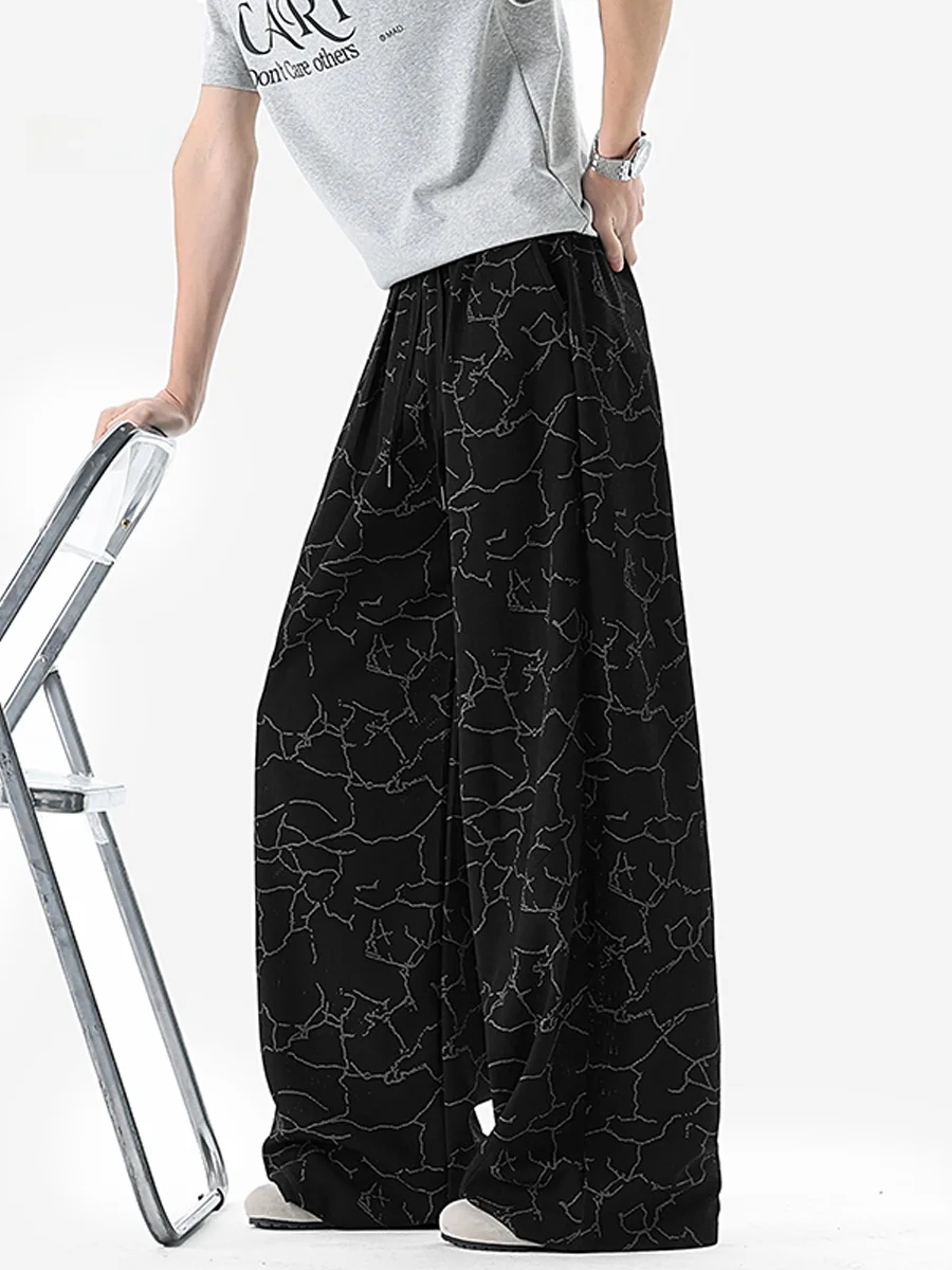 Men's Casual Pants Summer Trendy Brand Straight Loose Fit High Waist Wide Leg Long Trousers Lightning Crack Pattern Fashionab...